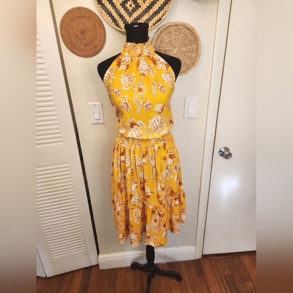 Yellow Floral Halter Neck Mini Dress